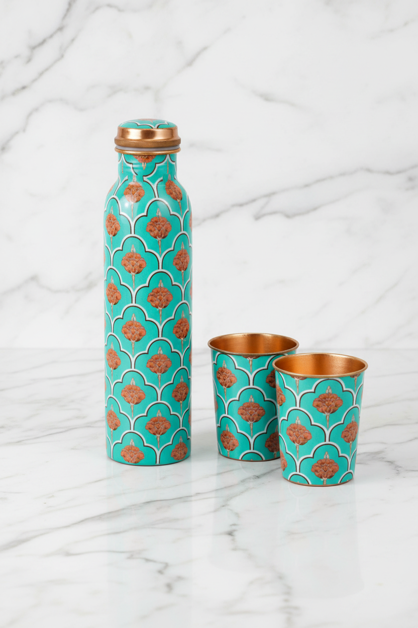 Green Digital Copper Bottle 2 Glasses Set - bottle tall glasses beside