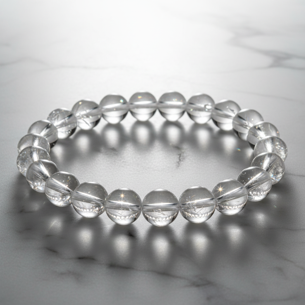 Clear quartz bracelet closeup backlit glow