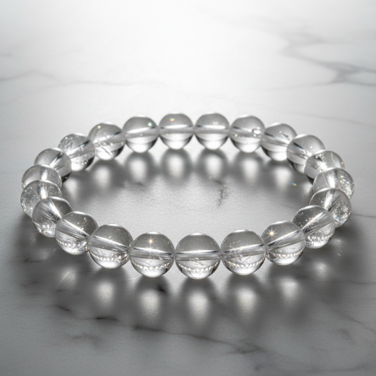 Clear quartz bracelet closeup backlit glow