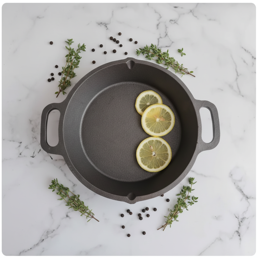 Cast Iron Dual Handle Skillet overhead herbs - Face of Norway