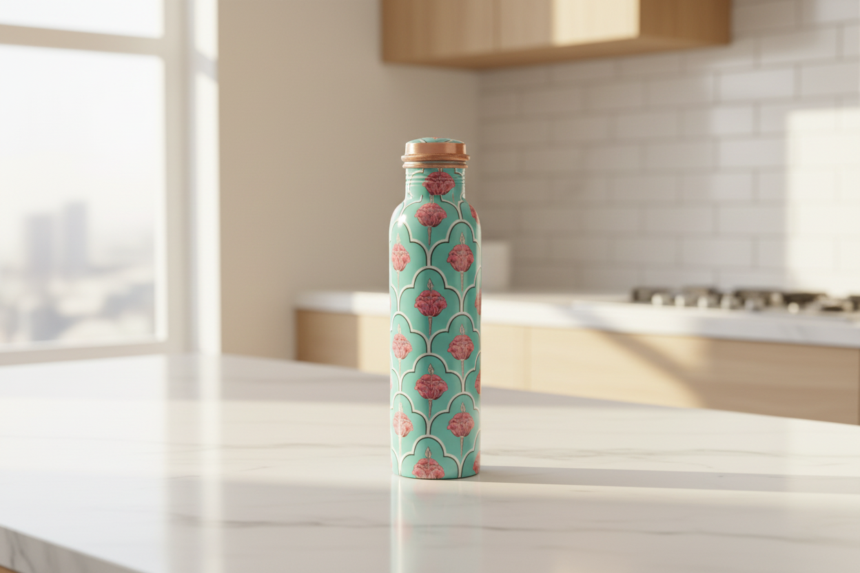 Refreshing Green Floral Copper Bottle - Scandi kitchen lifestyle