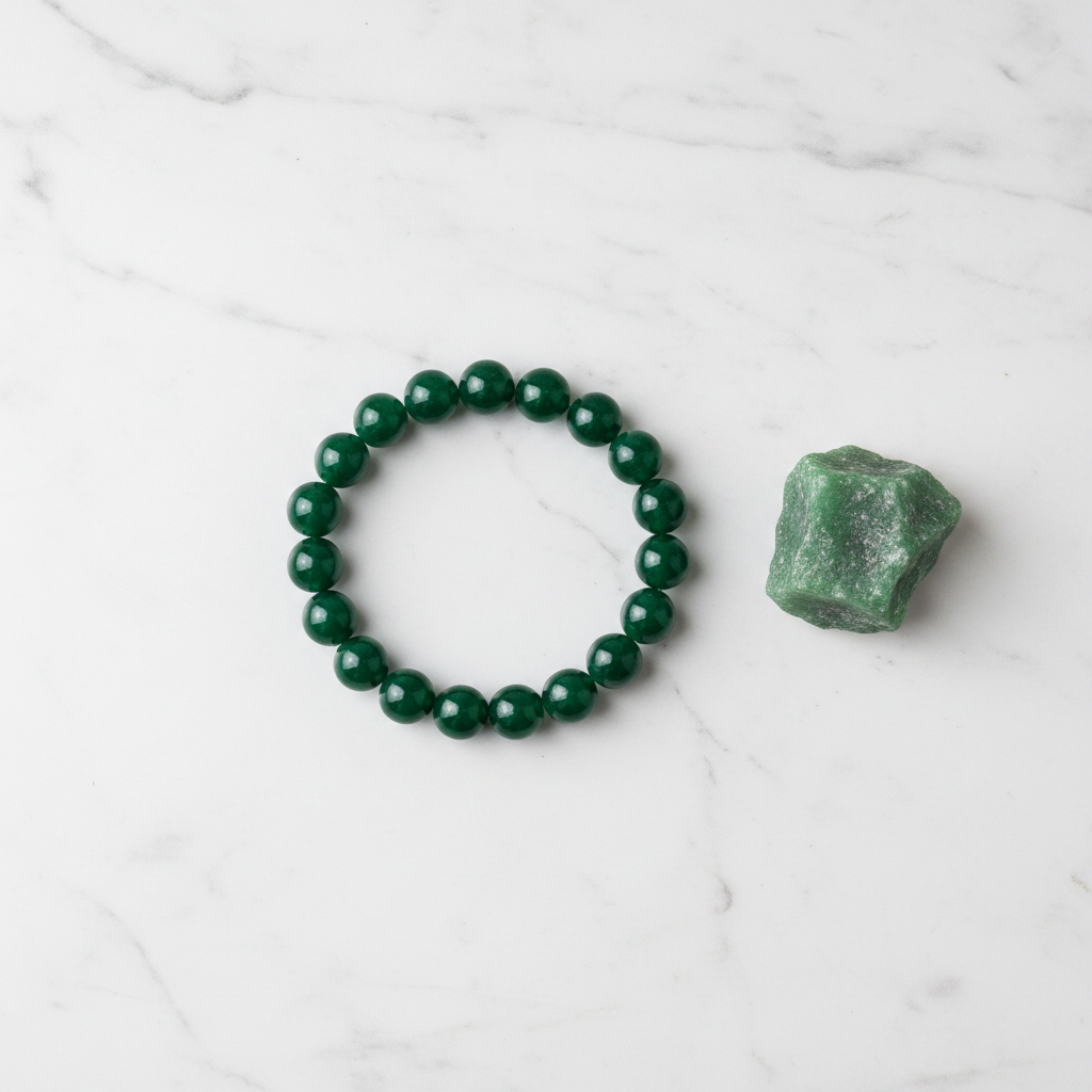 Jade bracelet flat lay with raw stone