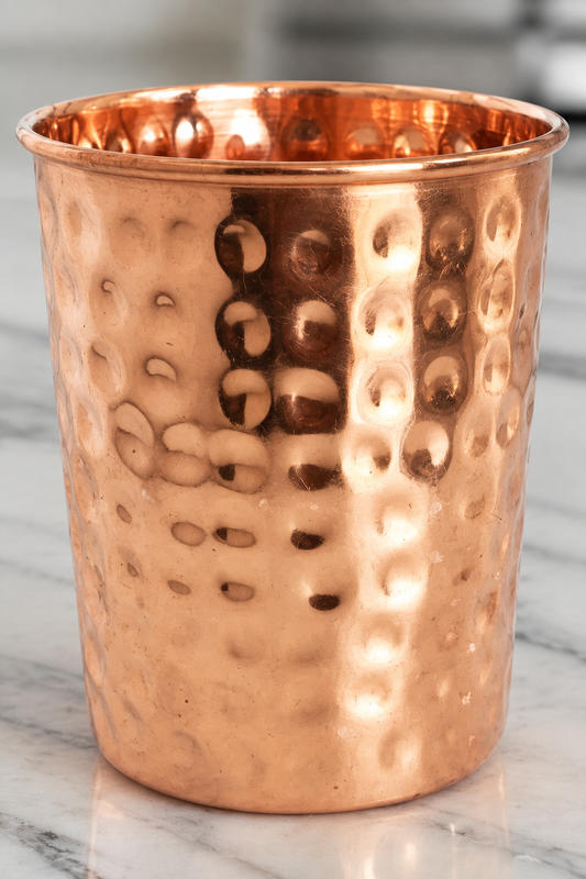 Close detail of the shorter wide hammered copper tumbler