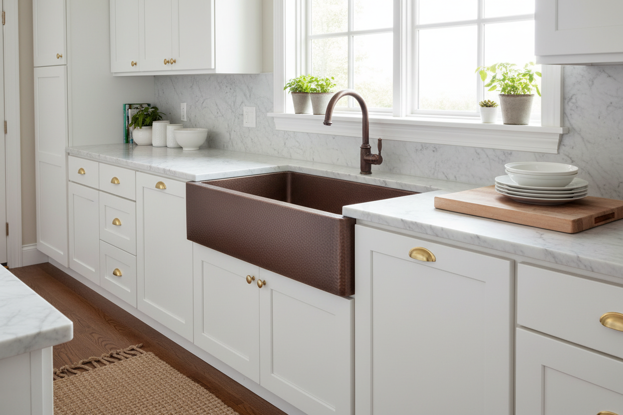 Full hammered copper sink lifestyle kitchen shot