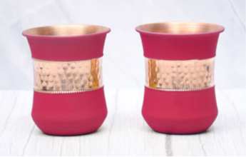 Pure Copper Water Glass Set of 2 – Silk Red Cherry Half Hammered Damru Tumbler 300ML
