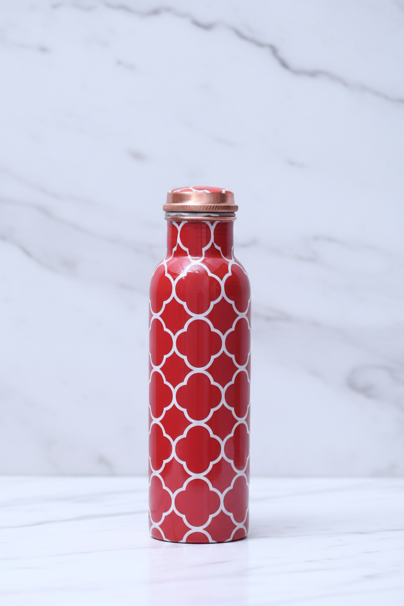 Red Floral Copper Bottle 1000ml - upright white marble
