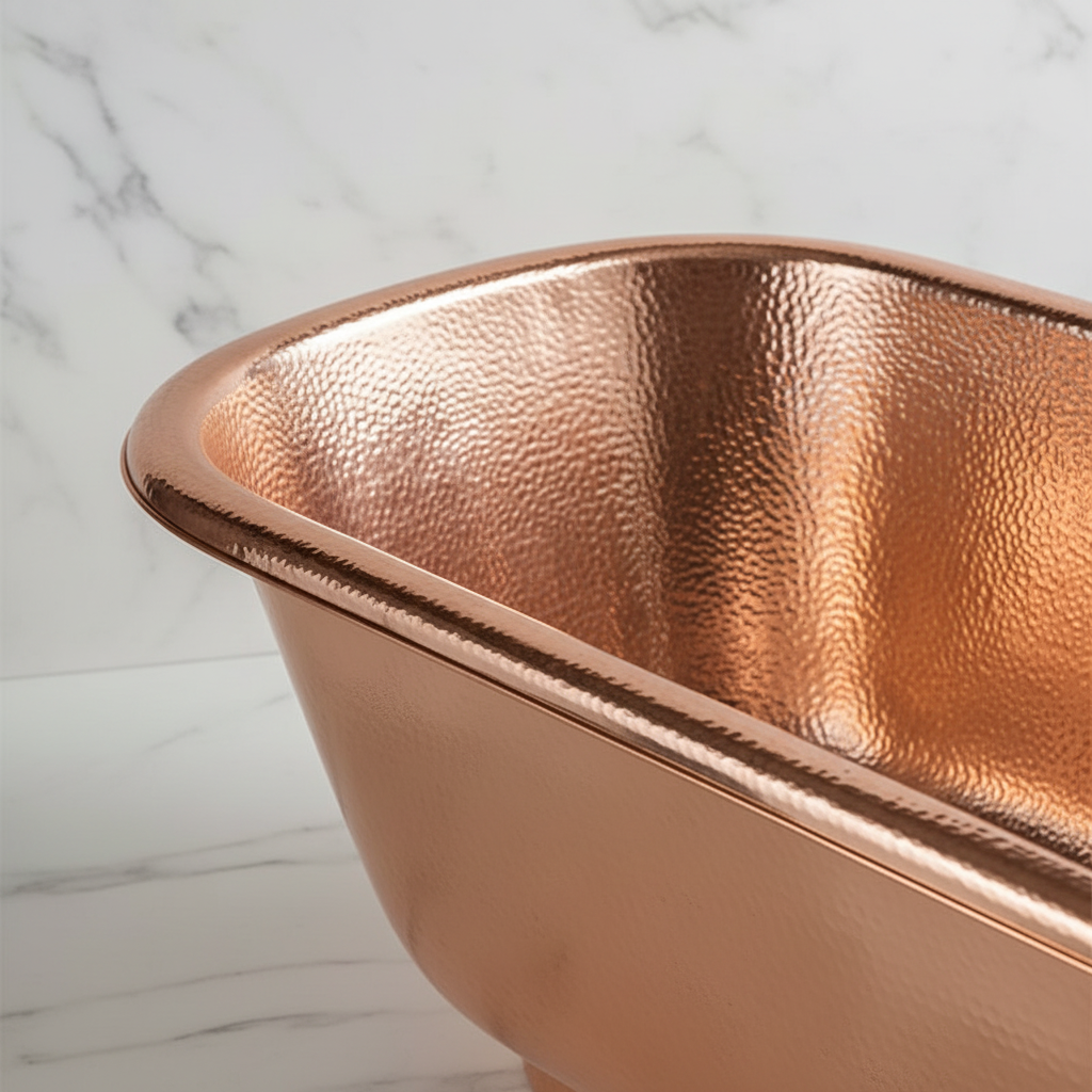 Close-up hammered interior and polished rim ISABELLA copper bathtub