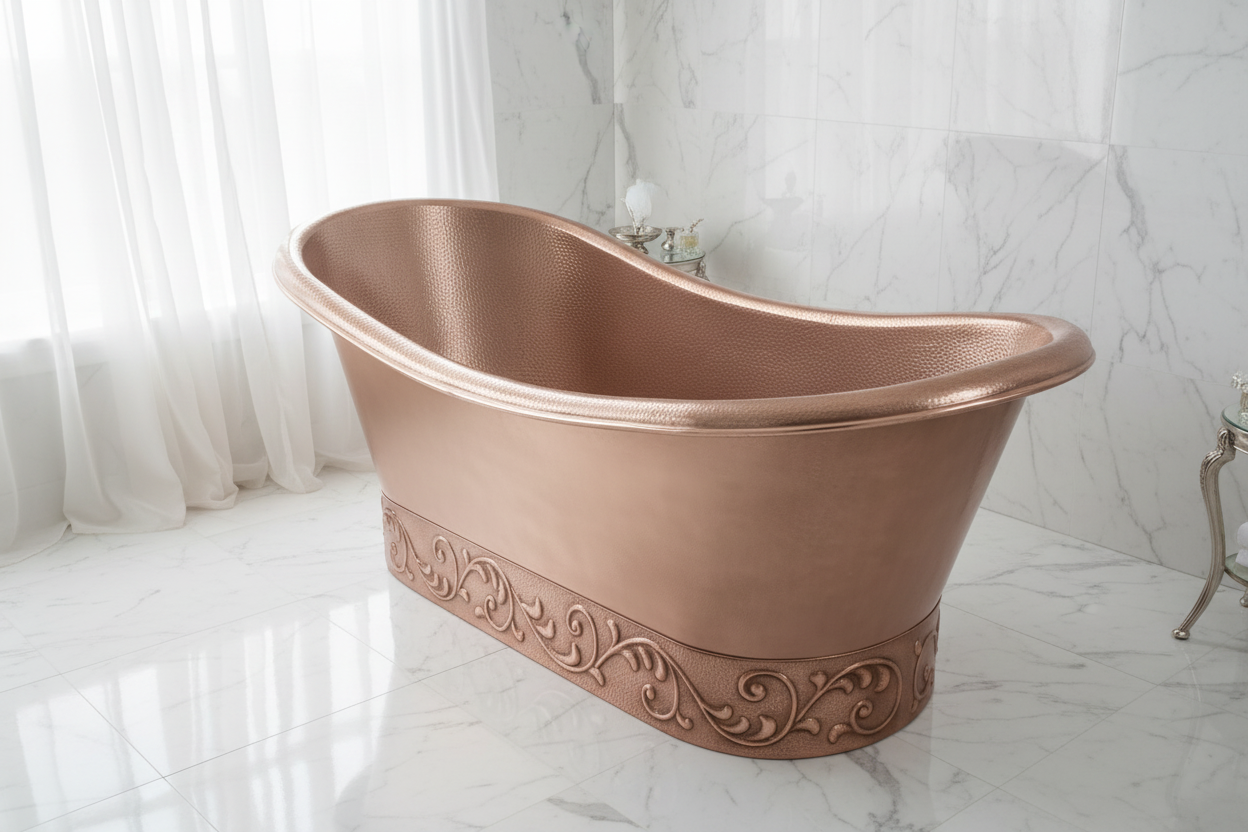 Albania copper bathtub angled view leaf motif base detail
