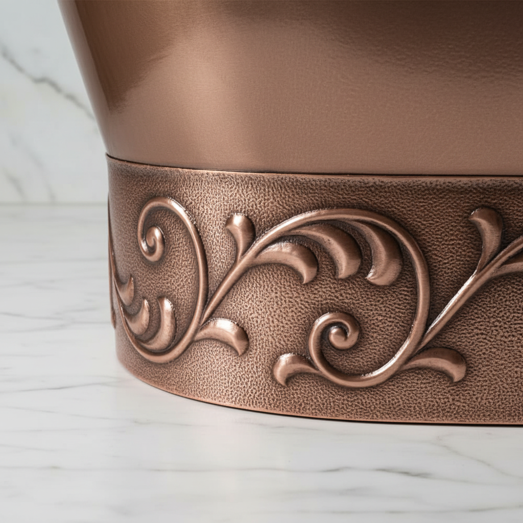 Close-up leaf scroll motif band on Albania copper bathtub base