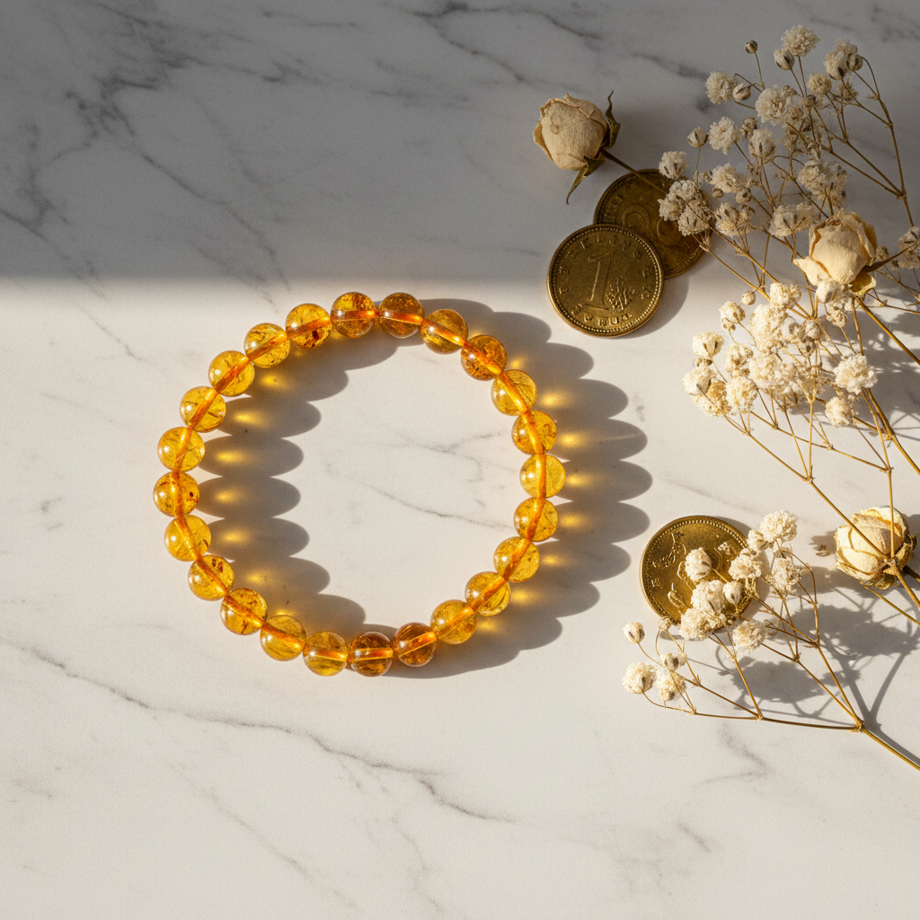 Citrine bracelet luxury flat lay with gold coins