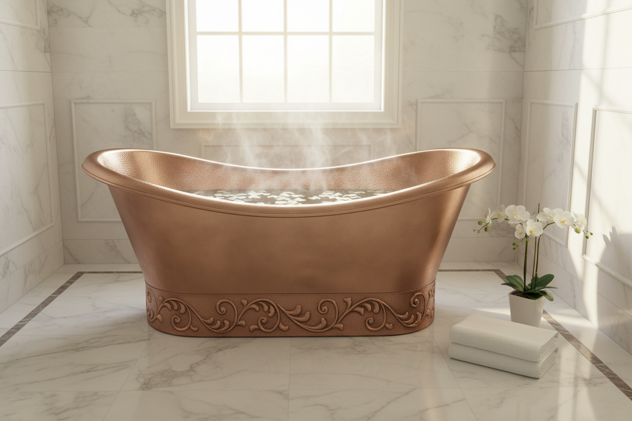 Albania copper bathtub with rose petals morning light spa