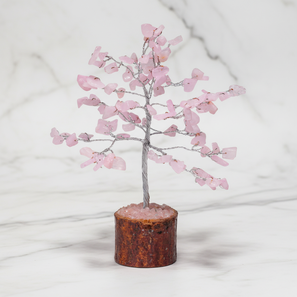 Rose Quartz Crystal Tree silver wire on white marble