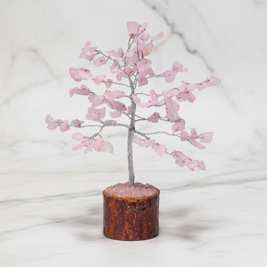 Rose Quartz Crystal Tree silver wire on white marble