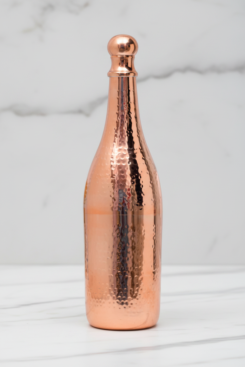 Copper champagne bottle case on white marble