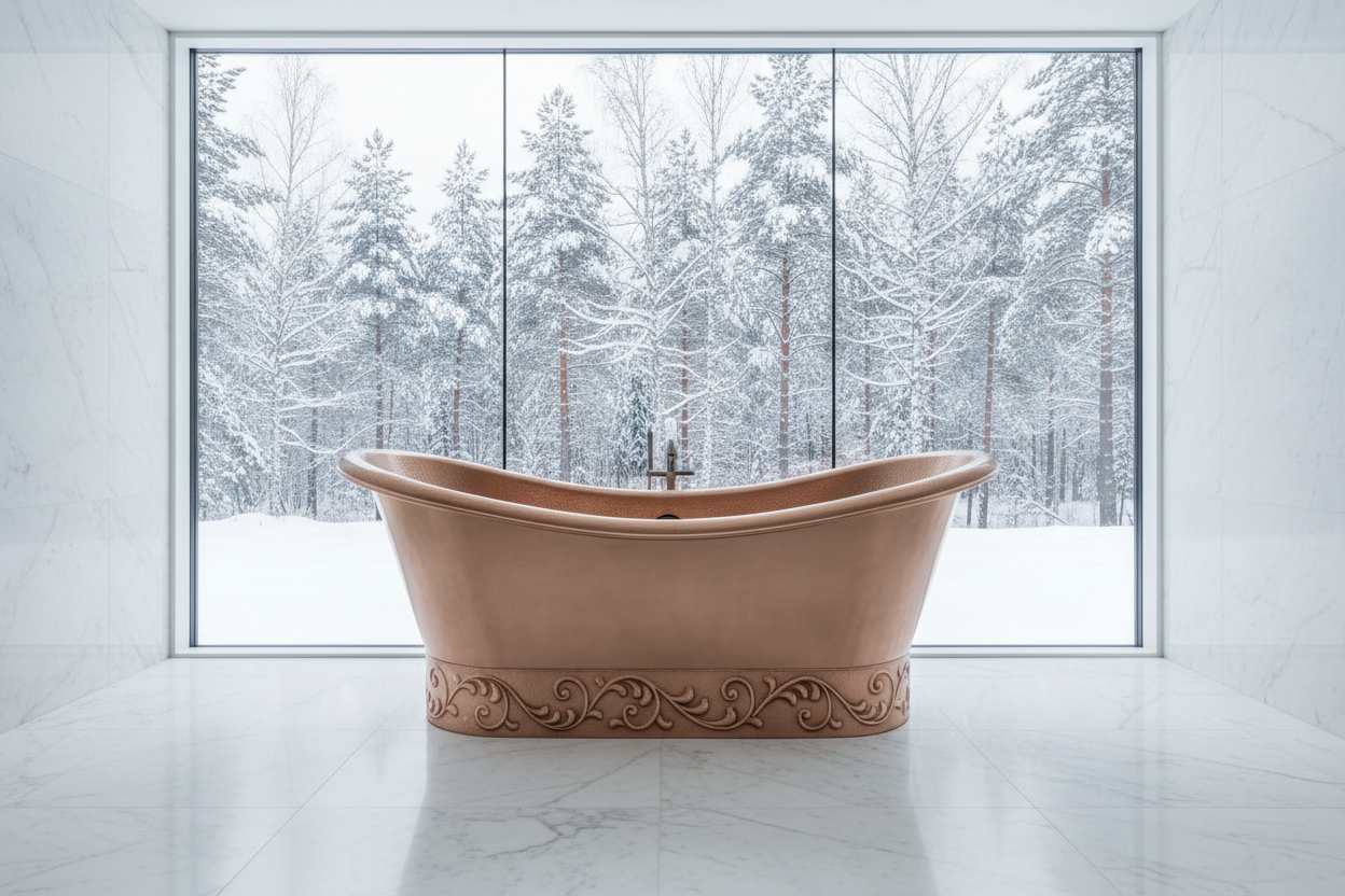 Albania copper bathtub Nordic winter window cinematic