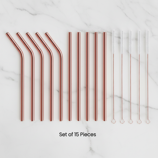 Pure Copper Drinking Straws Set on white marble background