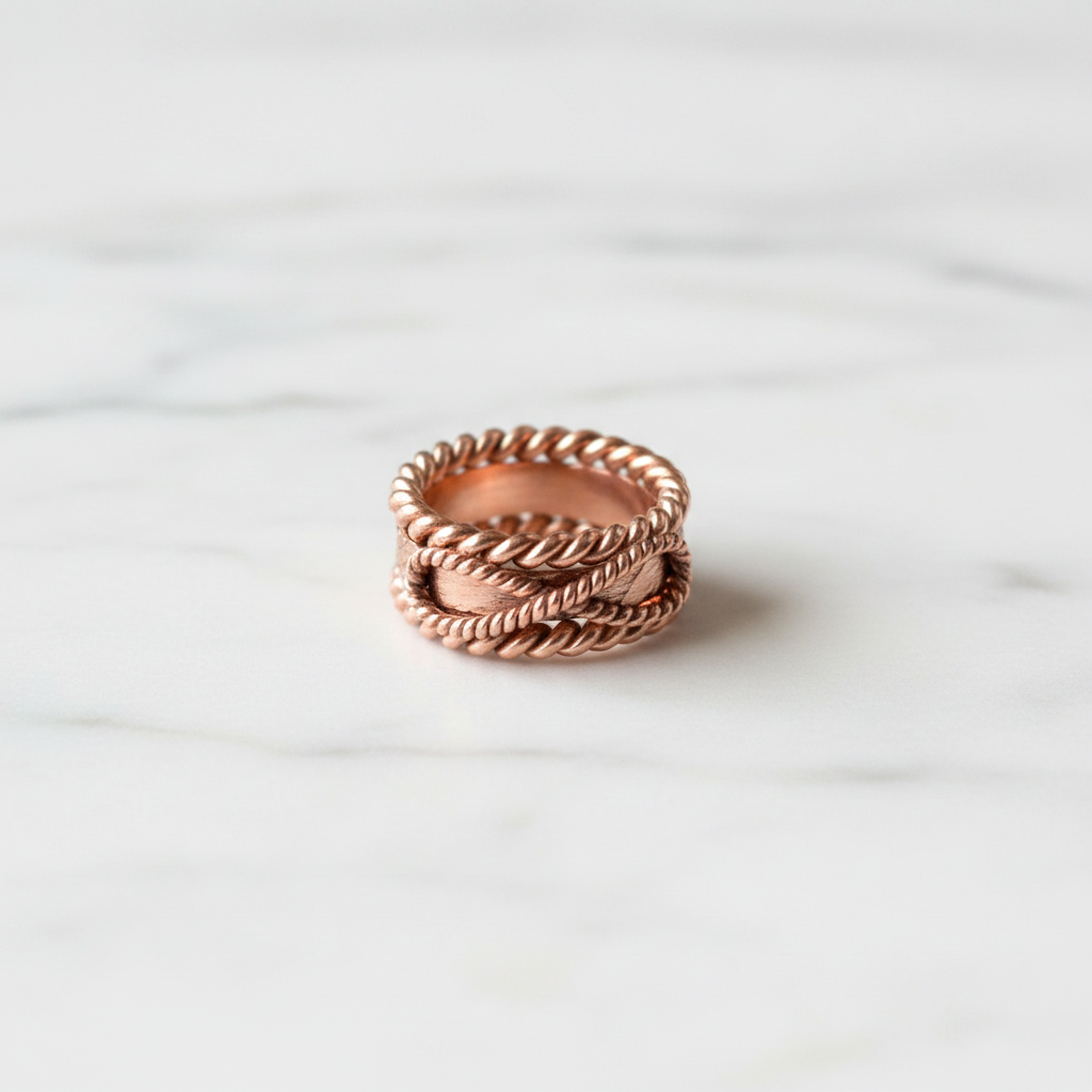 Close-up detail of copper tensor ring braided infinity design on white marble