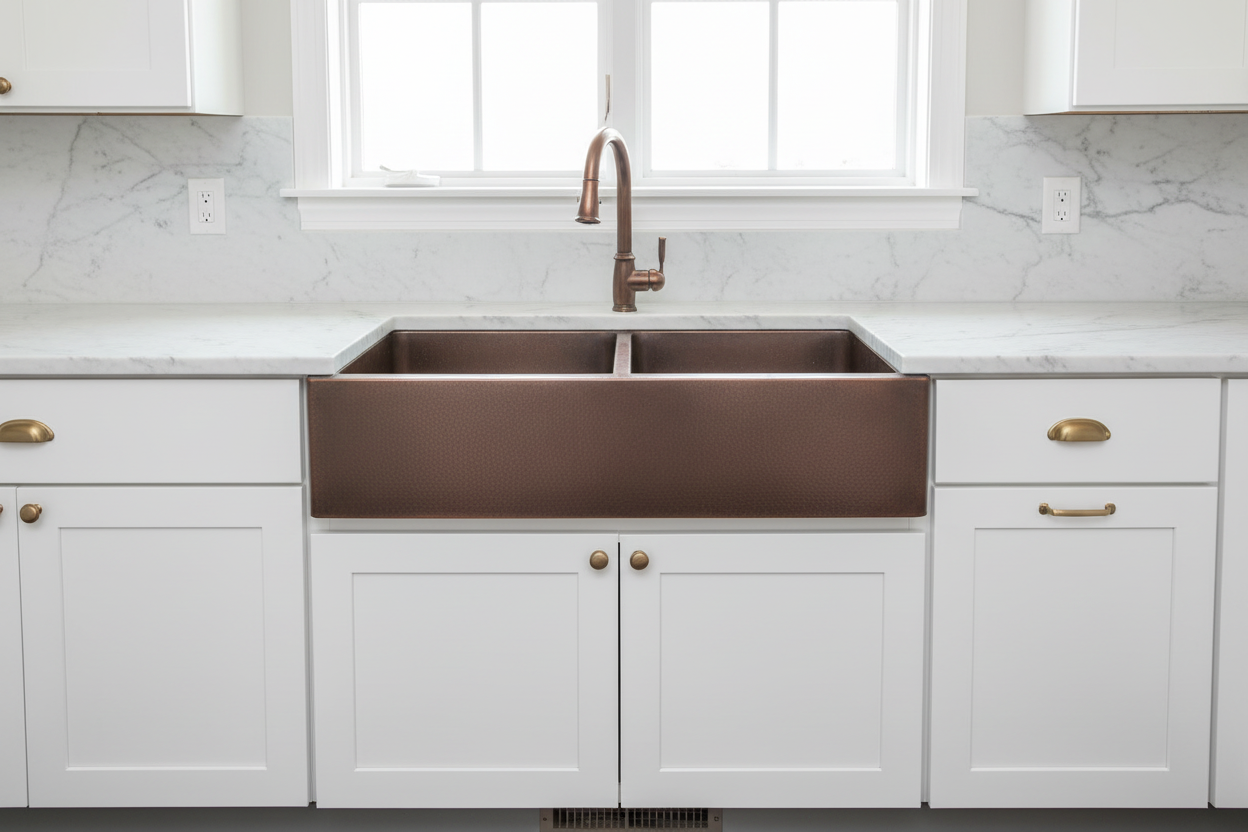 Copper double bowl apron sink front view full apron