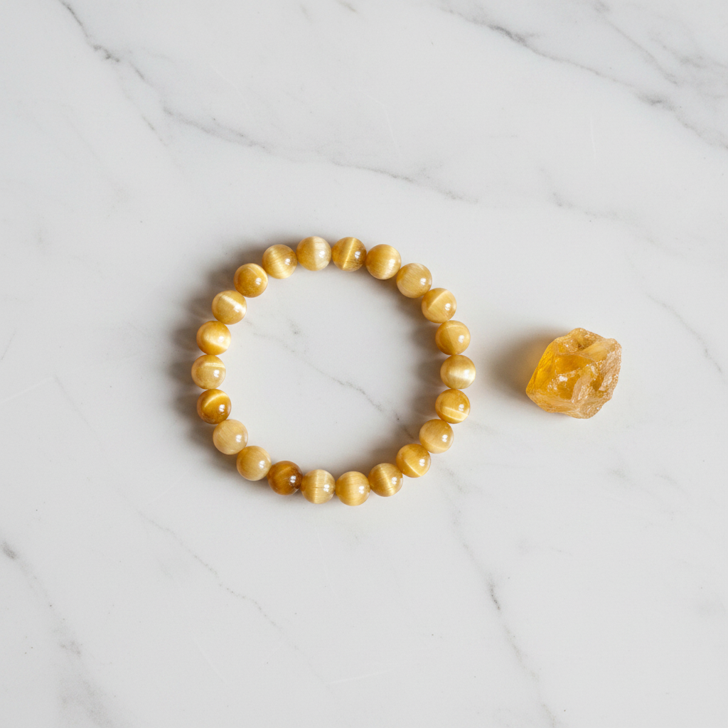 Cat's eye bracelet flat lay with crystal