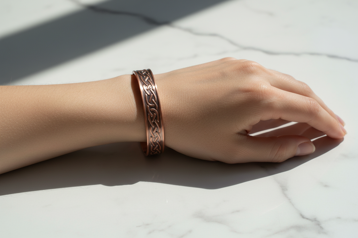 Copper water ripple bracelet on woman's wrist