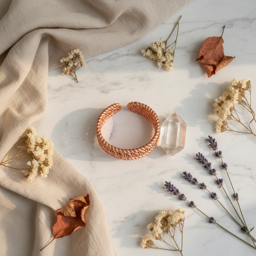 Tensor Ring Vortex Bracelet – flat lay with crystals