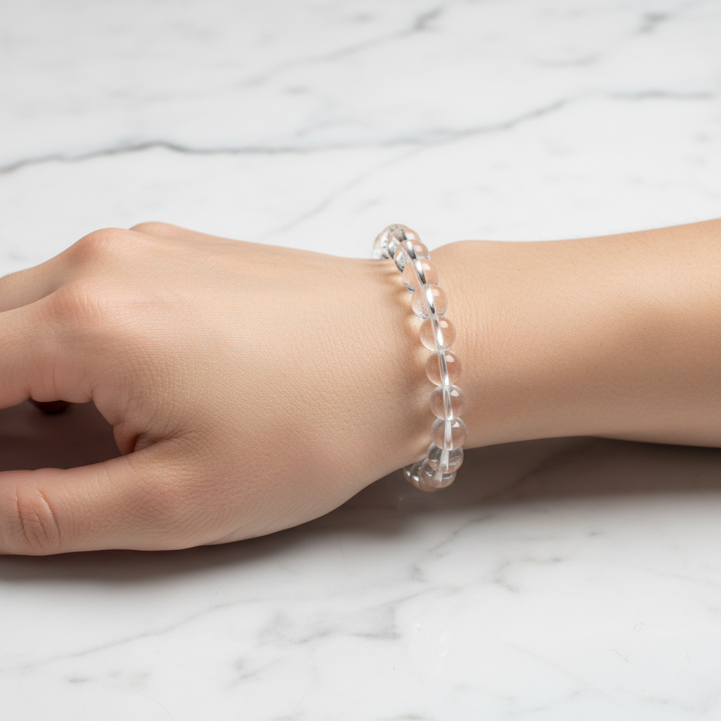 Clear quartz bracelet worn on wrist
