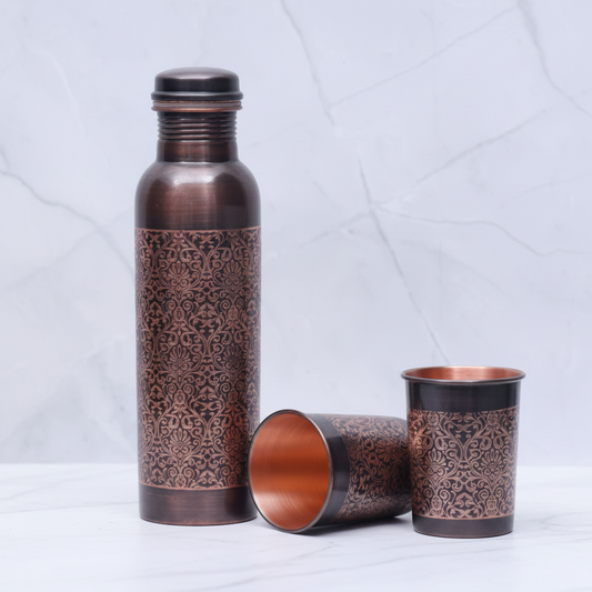 Black Antique Engraved Copper Bottle 2 Glasses Set - white marble
