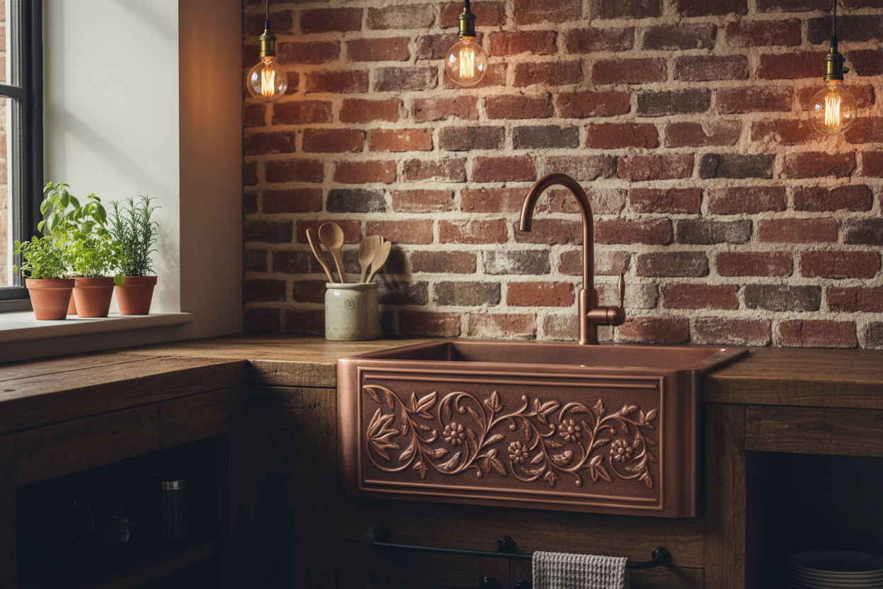 Copper farmhouse sink in rustic dark wood kitchen