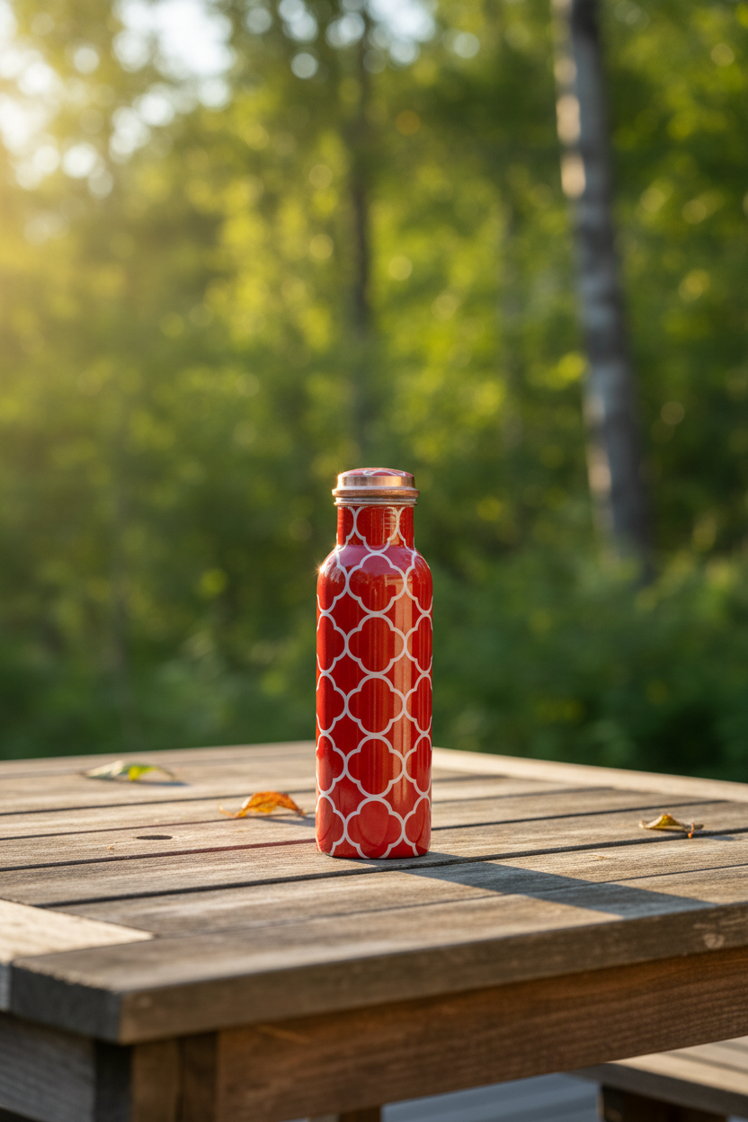 Red Floral Copper Bottle - Norwegian terrace lifestyle