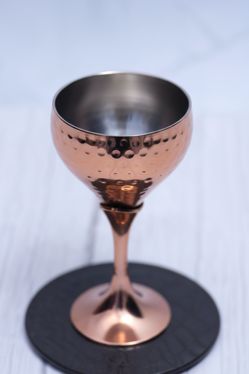 Close-up hammered texture copper goblet glass