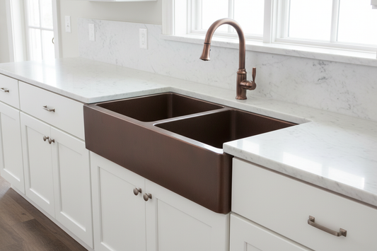 Copper double bowl apron sink 3/4 angle white kitchen copper tap