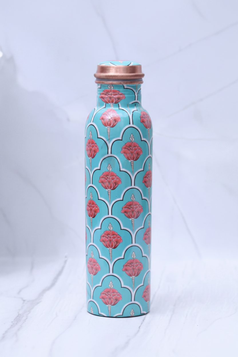 Refreshing Green Floral Copper Bottle - lid on white marble