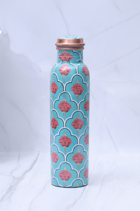Refreshing Green Floral Copper Bottle - lid on white marble