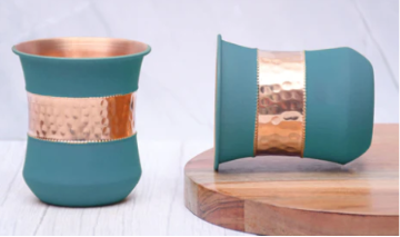 Pure Copper Water Glass Set of 2 – Silk Green Half Hammered Damru Tumbler 300ML