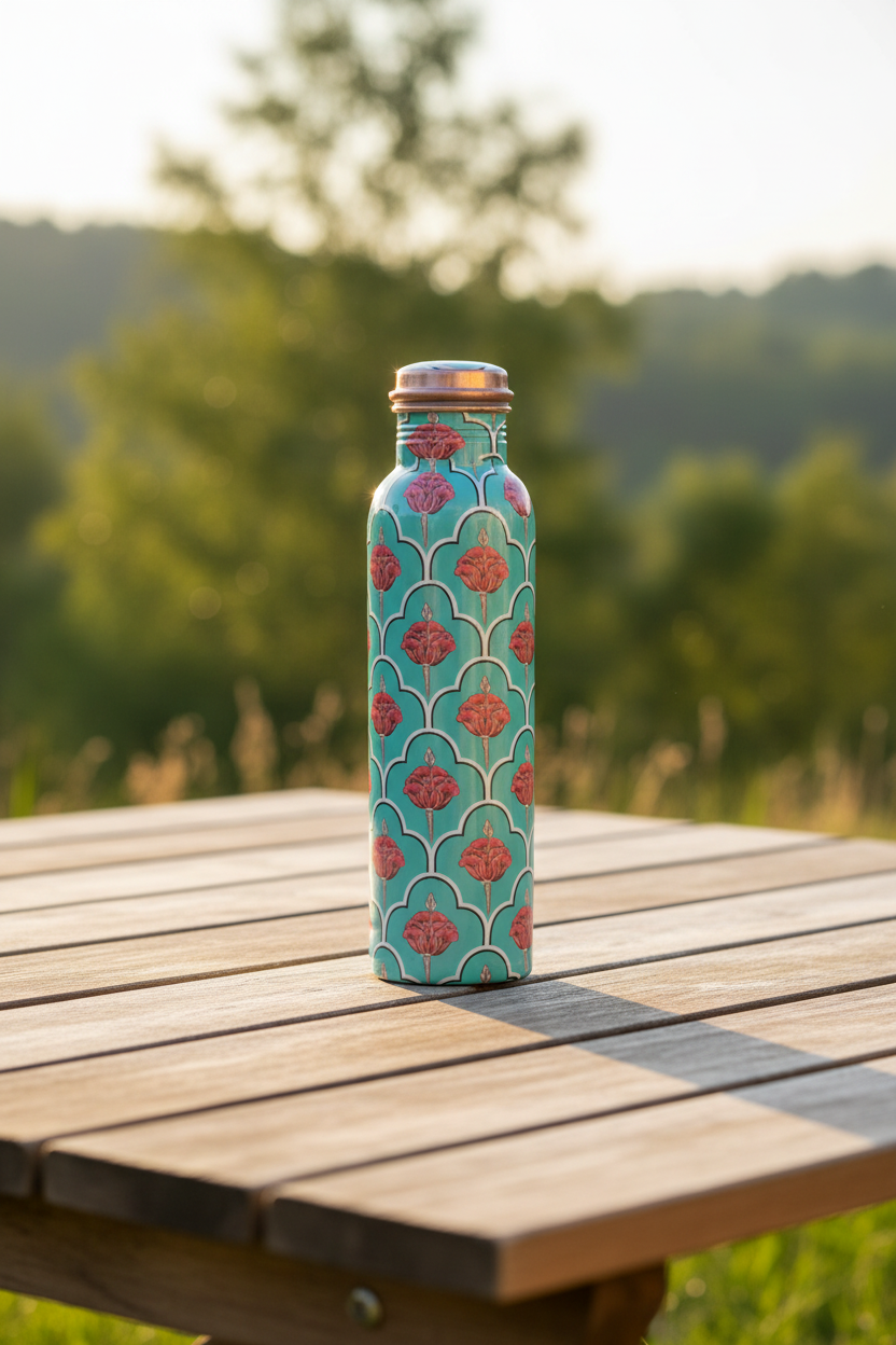 Refreshing Green Floral Copper Bottle - Norwegian terrace lifestyle
