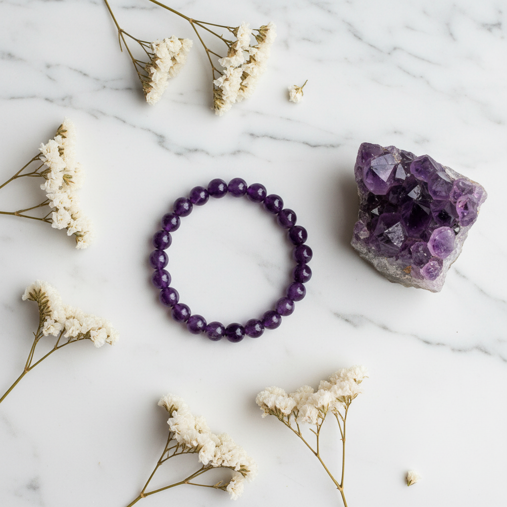 Amethyst bracelet Nordic wellness flat lay