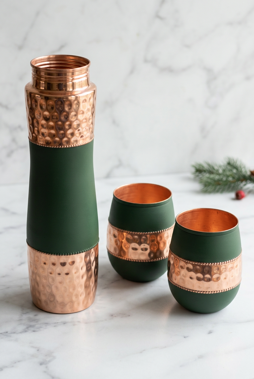 Forest-green and hammered copper bottle and two tumblers on white marble