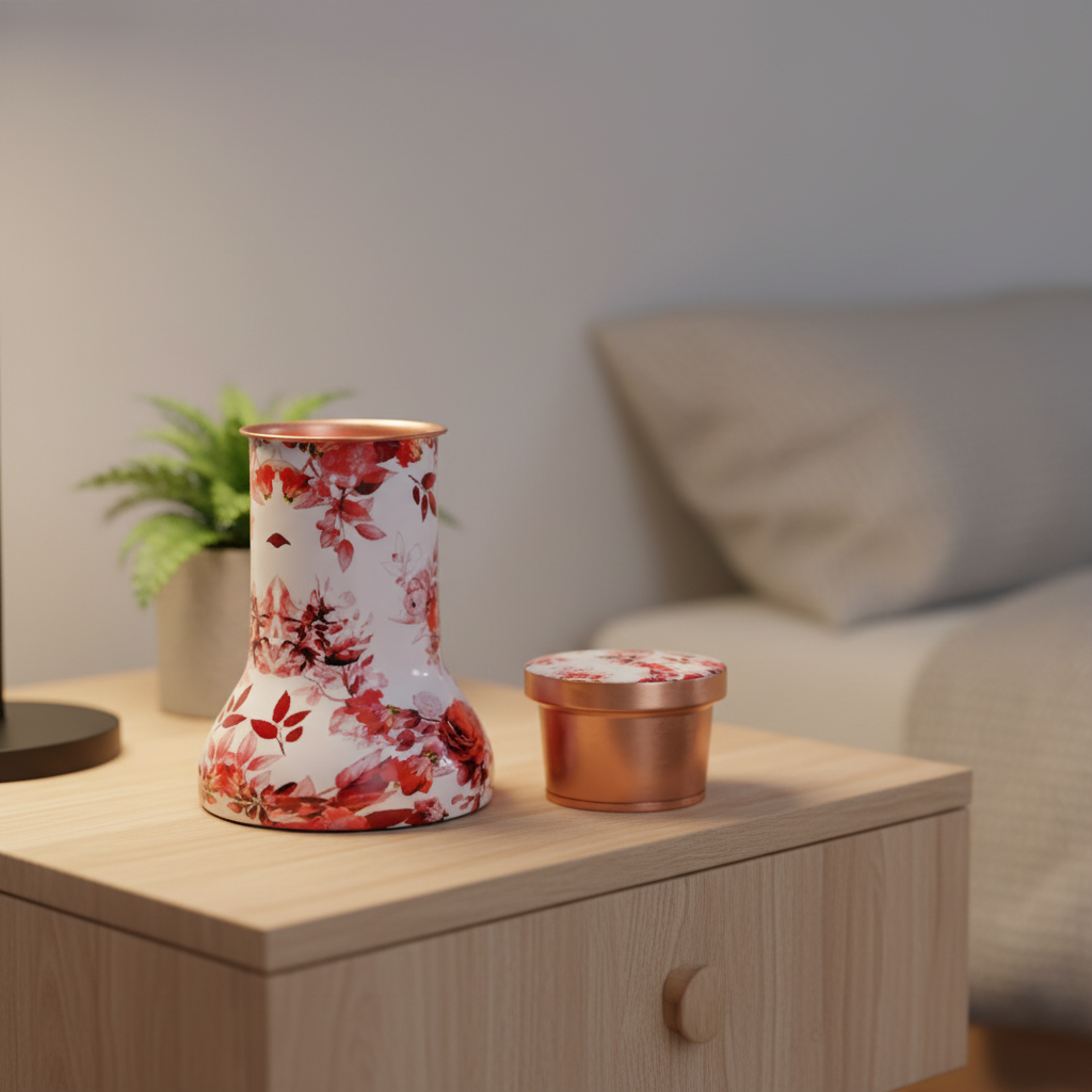Pure Copper Red Floral Lily Pot UGC bedside lifestyle