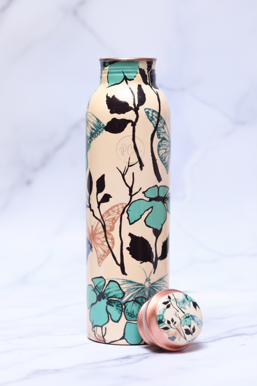 Nature Printed Copper Water Bottle 1000ml - lid off