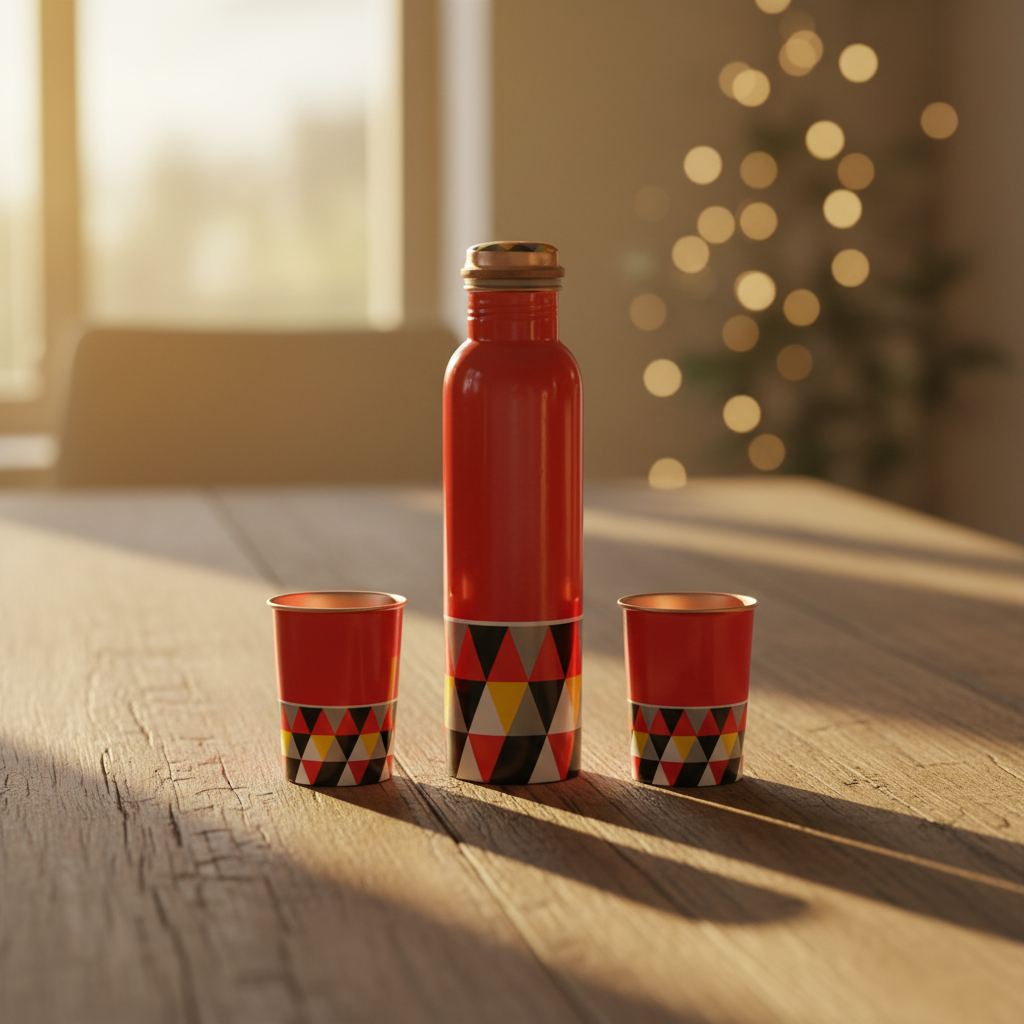 Red Triangle Copper Set - wooden table golden hour