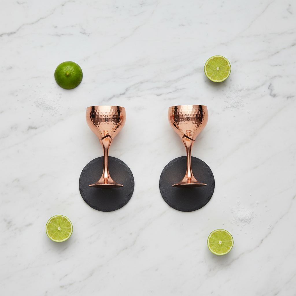 Flat lay copper goblet glasses with lime and salt