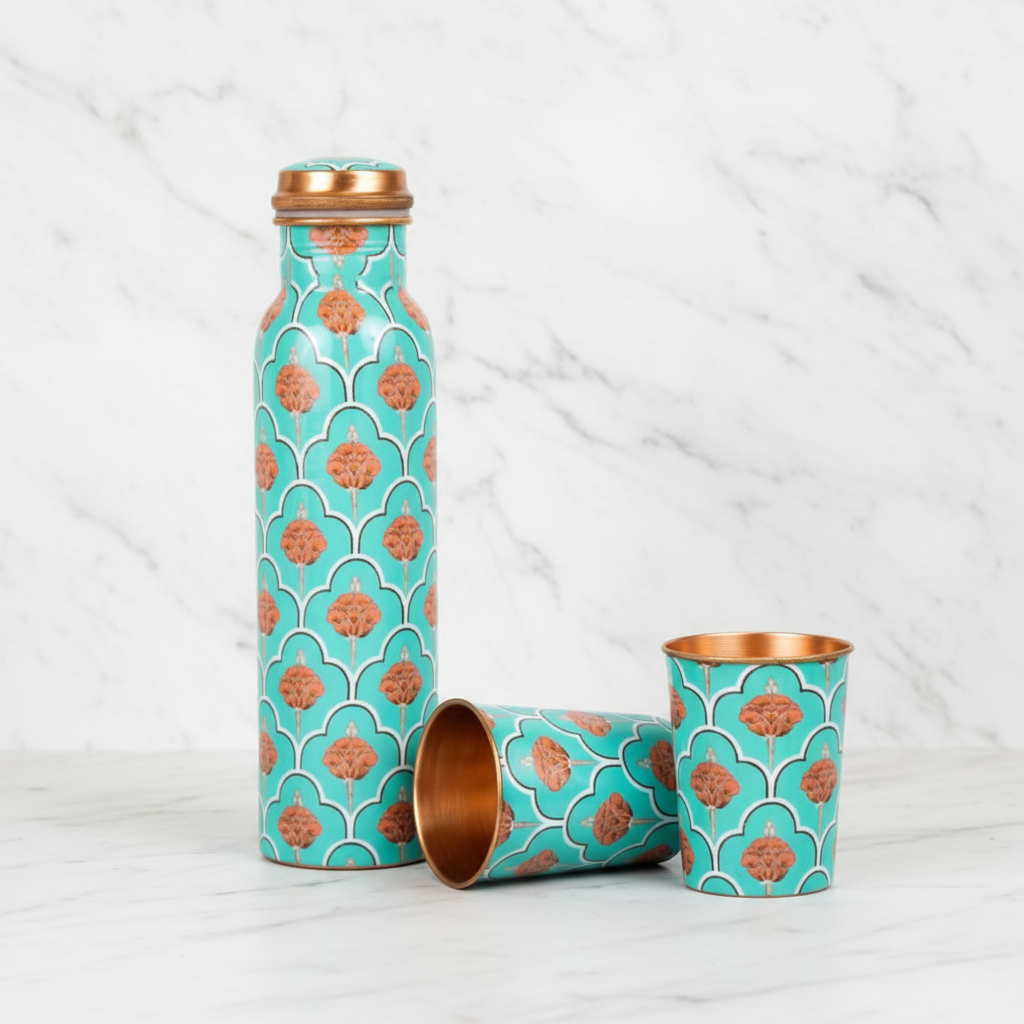 Green Digital Copper Bottle 2 Glasses Set - white marble full set