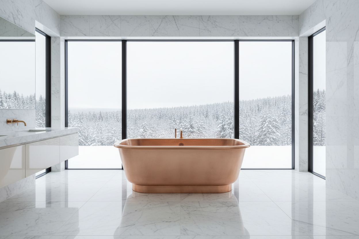 ISABELLA copper bathtub Nordic winter view cinematic