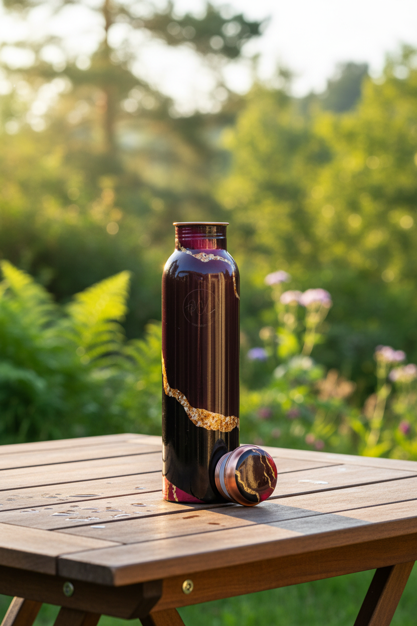 Black Gold Stripe Copper Bottle - Norwegian terrace lifestyle