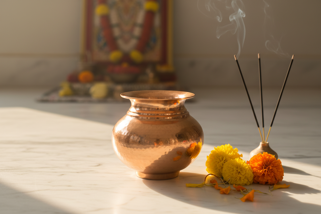 Copper lota lifestyle with marigolds and incense