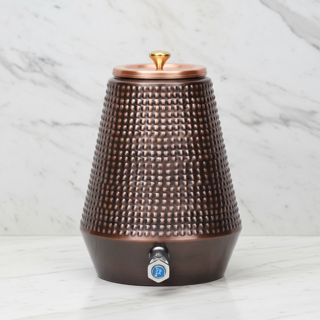 Pure Copper Water Dispenser Conical Antique Bubble Design on white marble