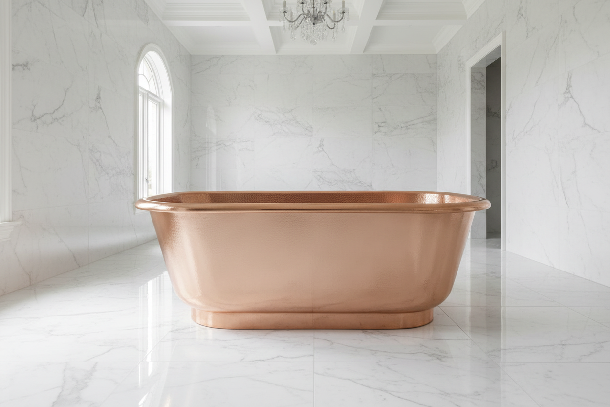 ISABELLA copper bathtub front view white marble bathroom