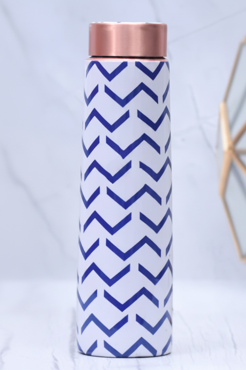 Blue Wave Copper Bottle - upright white marble