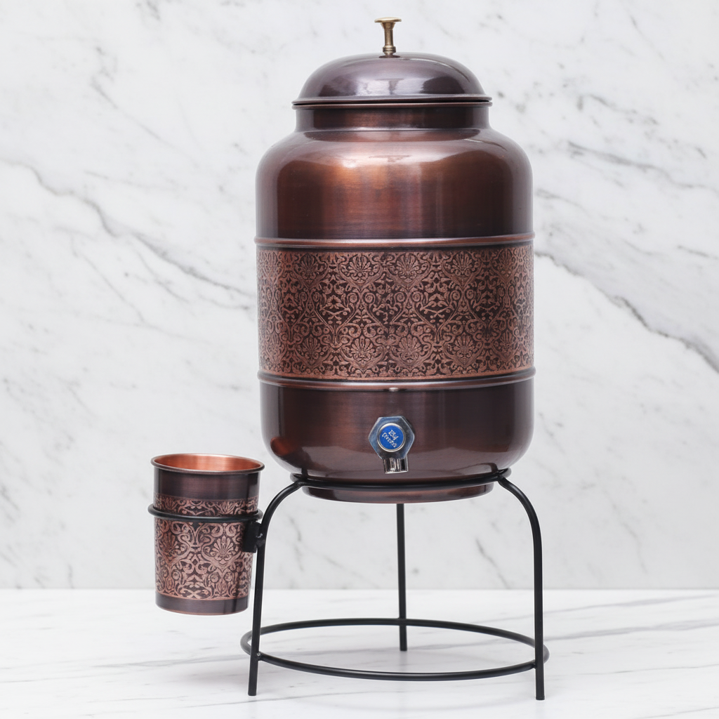 Pure Copper Water Dispenser with Glass and Stand Antique Engraved on white marble