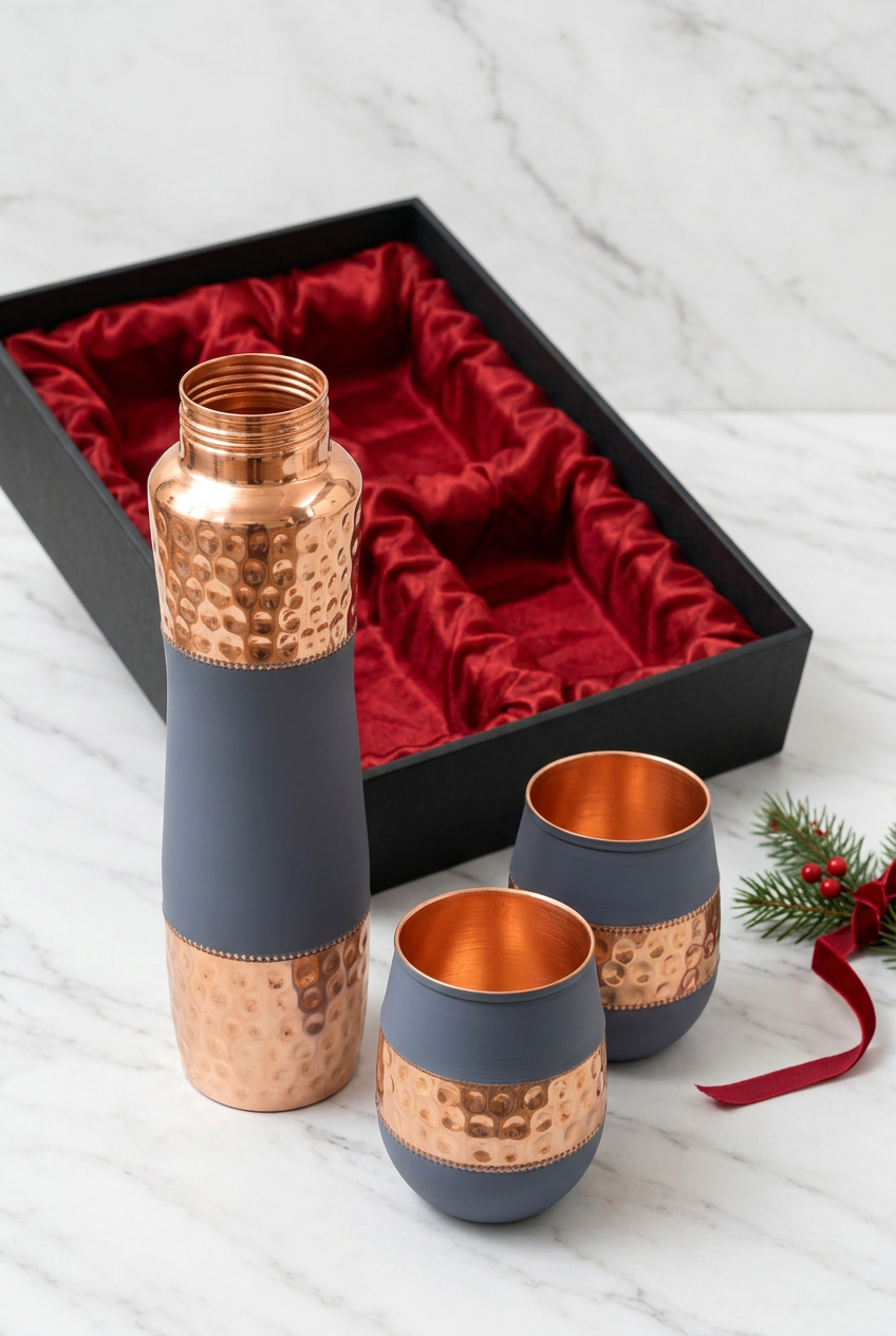 Slate-blue and hammered copper bottle and two tumblers beside their gift box on white marble